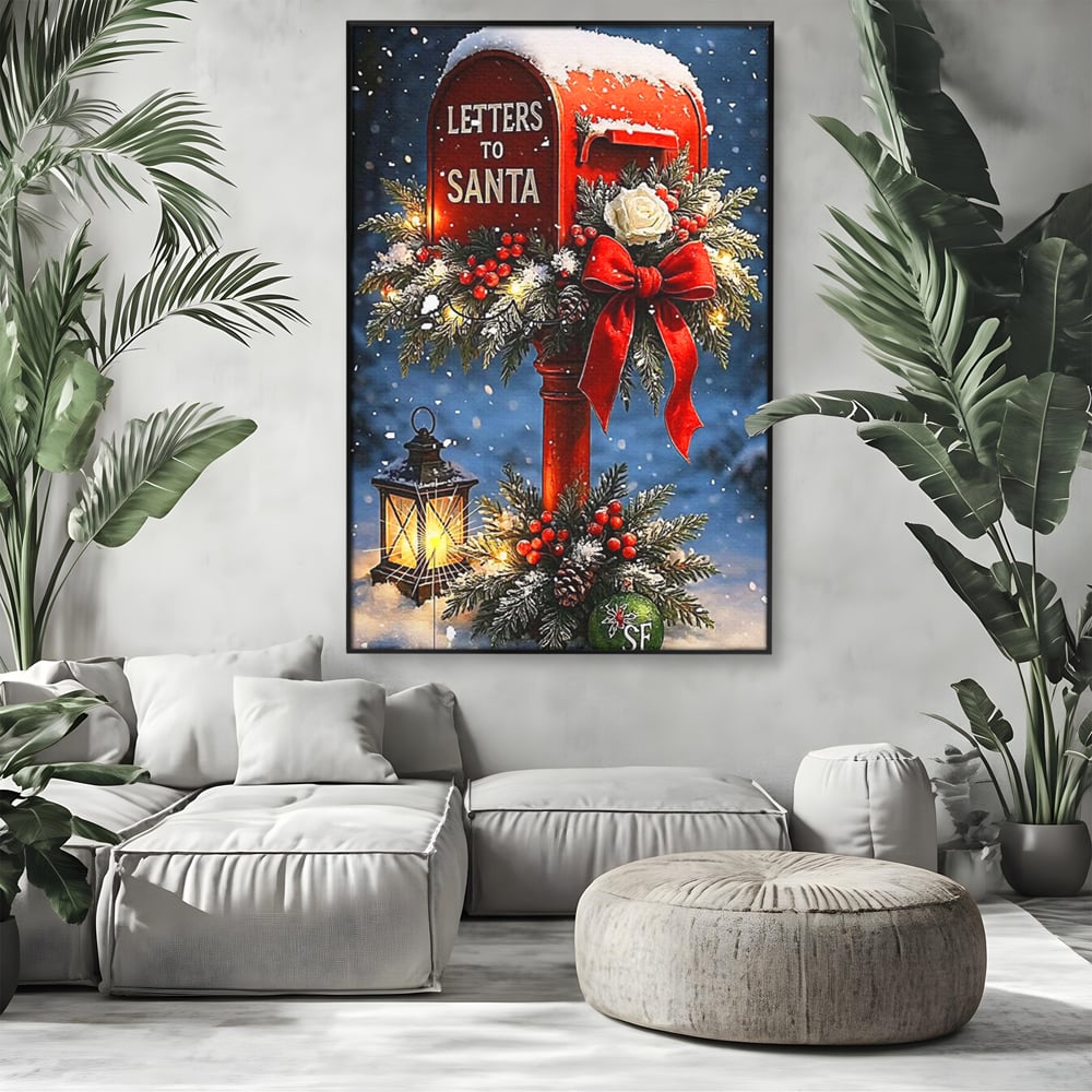Tablou canvas cu tablou canvas cu cutie postala rosie pentru mos craciun, in rama de aluminiu negru, pe perete intr-un living